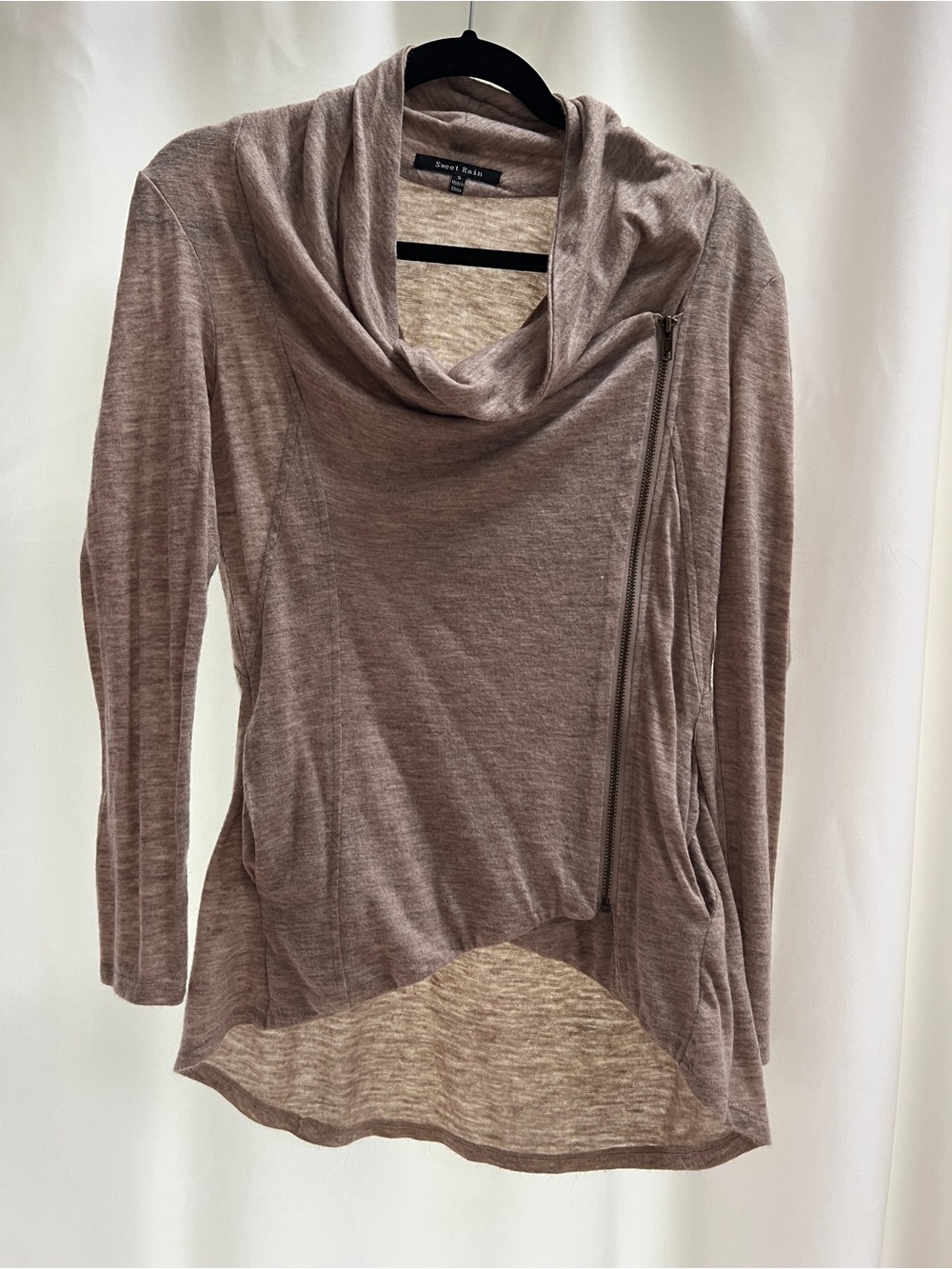 S Taupe Cowl Neck Zip-Front Women's Sweater